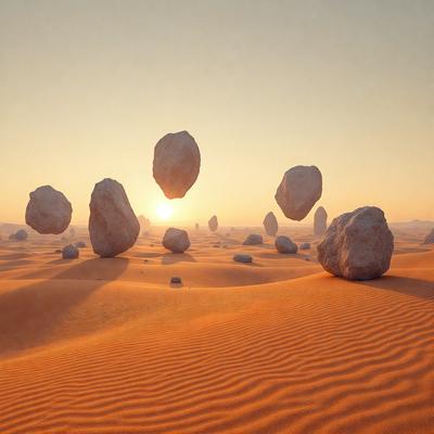 The primary subject of the image is a group of rocks, which are scattered across a sandy surface. The setting is a desert landscape, with the sun shining brightly in the sky. The visual style is a combination of photo and digital art, creating a unique and artistic representation of the scene. The colors and mood of the image are warm and inviting, with the sand and rocks creating a sense of tranquility and natural beauty.